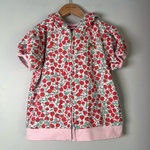 Juicy Couture Kids Pink Strawberry Print Zip-Up Short Sleeve Sweater 8/10 Girls - Picture 1 of 8